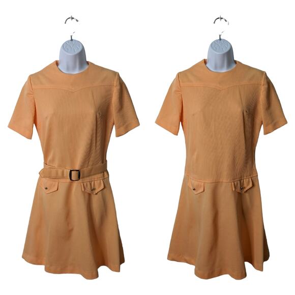 Vintage 60's Peach Shift Dress Drop Waist Short Sleeve Fortrel Textured Poly - Picture 1 of 10